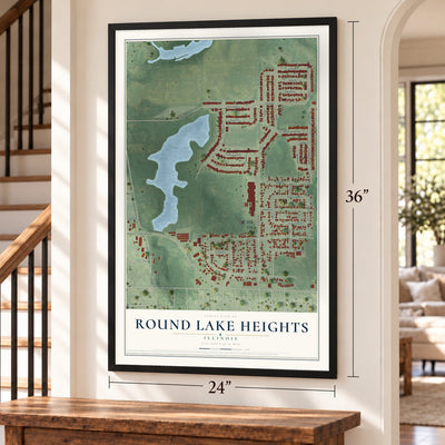 Round Lake Heights, Illinois map, 24 x 36 inch print in a black frame by a staircase