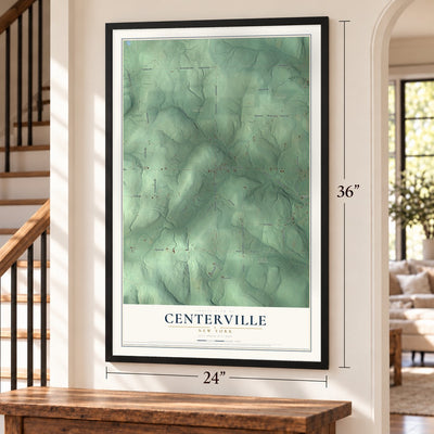 Centerville, New York map, 24 x 36 inch print in a black frame by a staircase