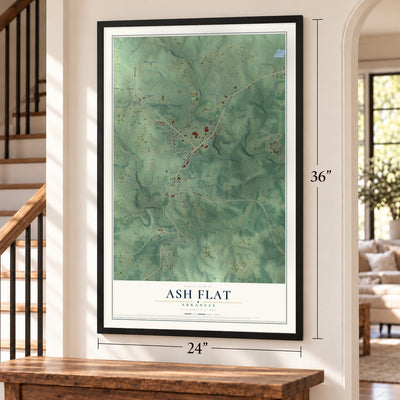 Ash Flat, Arkansas map, 24 x 36 inch print in a black frame by a staircase