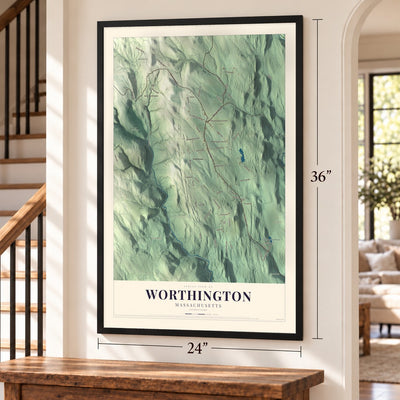 Worthington, Massachusetts map, 24 x 36 inch print in a black frame by a staircase