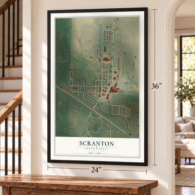 Scranton, North Dakota map, 24 x 36 inch print in a black frame by a staircase