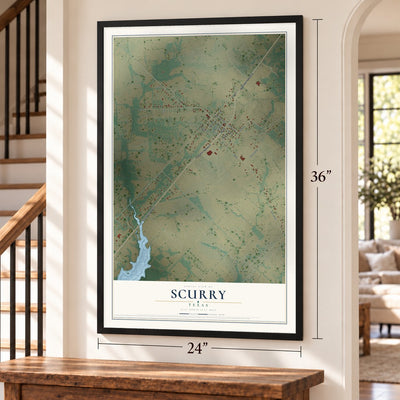 Scurry, Texas map, 24 x 36 inch print in a black frame by a staircase