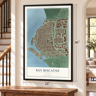 Key Biscayne, Florida map, 24 x 36 inch print in a black frame by a staircase