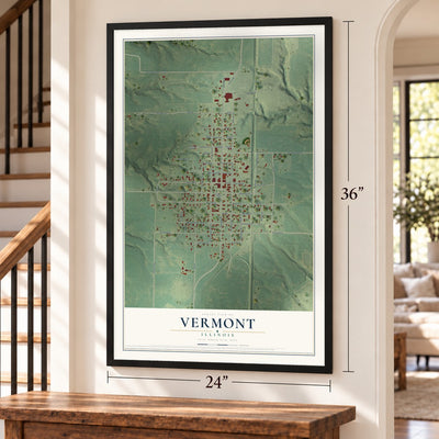Vermont, Illinois map, 24 x 36 inch print in a black frame by a staircase