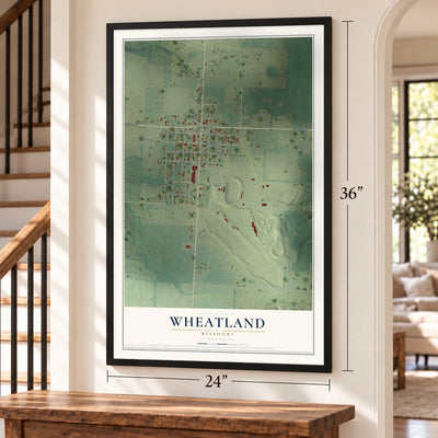 Wheatland, Missouri map, 24 x 36 inch print in a black frame by a staircase