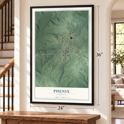 Phenix, Virginia map, 24 x 36 inch print in a black frame by a staircase