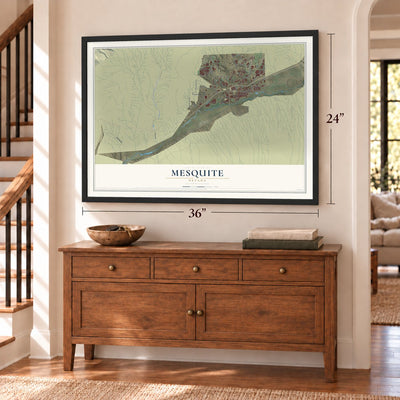 Mesquite, Nevada map, 24 x 36 inch print in a black frame above a dresser by a staircase