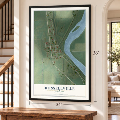 Russellville, Illinois map, 24 x 36 inch print in a black frame by a staircase