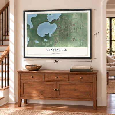 Centerville, Minnesota map, 24 x 36 inch print in a black frame above a dresser by a staircase