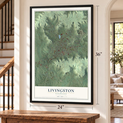 Livingston, Tennessee map, 24 x 36 inch print in a black frame by a staircase
