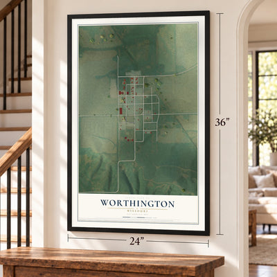 Worthington, Missouri map, 24 x 36 inch print in a black frame by a staircase