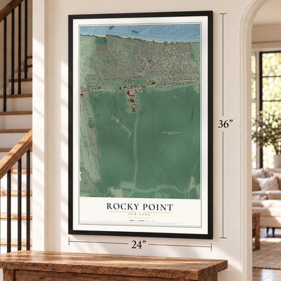 Rocky Point, New York map, 24 x 36 inch print in a black frame by a staircase