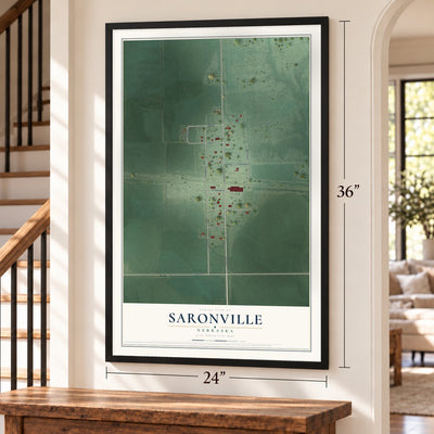 Saronville, Nebraska map, 24 x 36 inch print in a black frame by a staircase