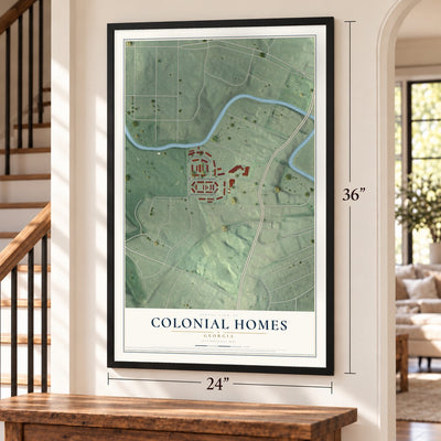 Colonial Homes, Georgia map, 24 x 36 inch print in a black frame by a staircase