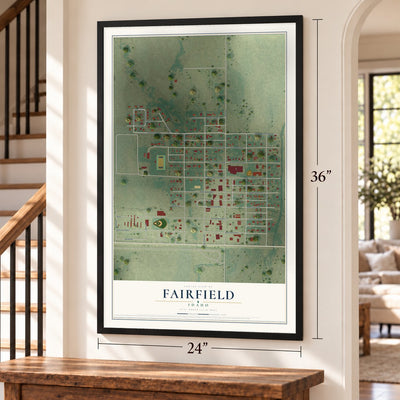 Fairfield, Idaho map, 24 x 36 inch print in a black frame by a staircase