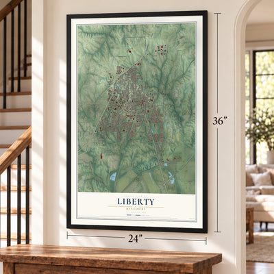 Liberty, Missouri map, 24 x 36 inch print in a black frame by a staircase