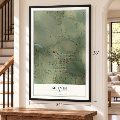 Melvin, Texas map, 24 x 36 inch print in a black frame by a staircase