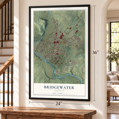 Bridgewater, Virginia map, 24 x 36 inch print in a black frame by a staircase