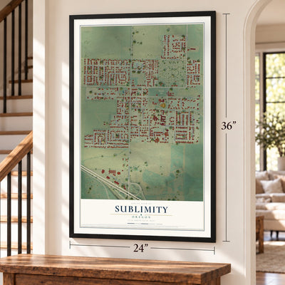Sublimity, Oregon map, 24 x 36 inch print in a black frame by a staircase