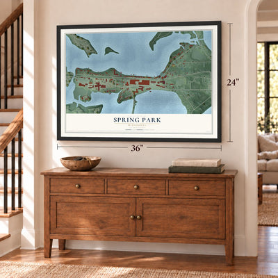 Spring Park, Minnesota map, 24 x 36 inch print in a black frame above a dresser by a staircase