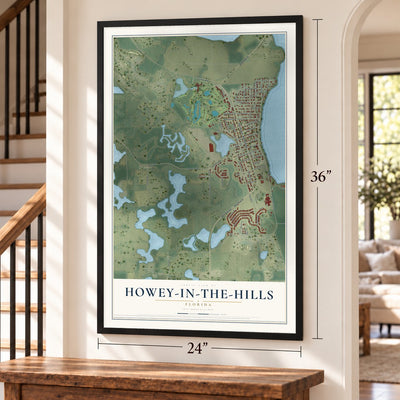 Howey-in-the-Hills, Florida map, 24 x 36 inch print in a black frame by a staircase