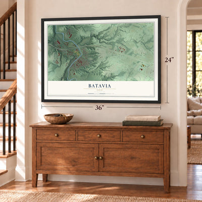 Batavia, Ohio map, 24 x 36 inch print in a black frame above a dresser by a staircase