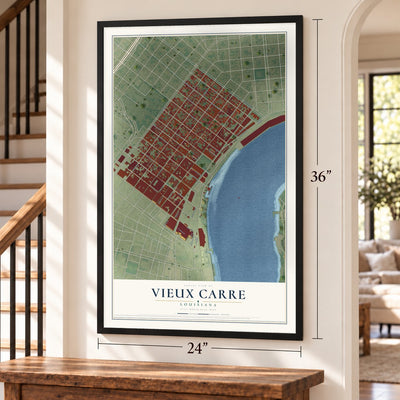 Vieux Carre, Louisiana map, 24 x 36 inch print in a black frame by a staircase