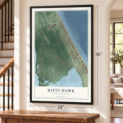 Kitty Hawk, North Carolina map, 24 x 36 inch print in a black frame by a staircase