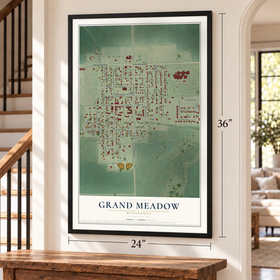 Grand Meadow, Minnesota map, 24 x 36 inch print in a black frame by a staircase