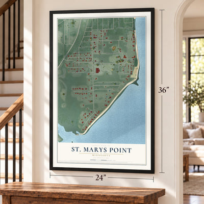 St. Marys Point, Minnesota map, 24 x 36 inch print in a black frame by a staircase