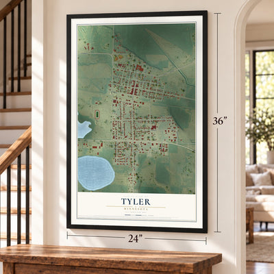 Tyler, Minnesota map, 24 x 36 inch print in a black frame by a staircase