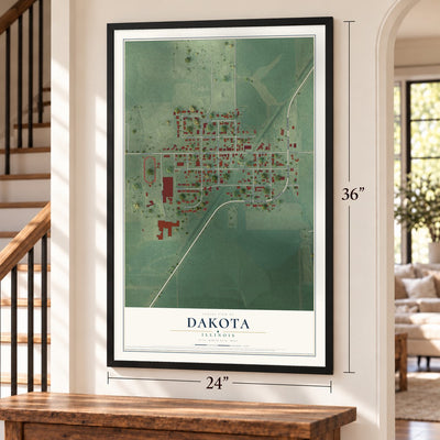Dakota, Illinois map, 24 x 36 inch print in a black frame by a staircase
