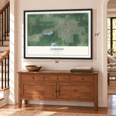 Gurdon, Arkansas map, 24 x 36 inch print in a black frame above a dresser by a staircase