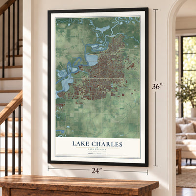 Lake Charles, Louisiana map, 24 x 36 inch print in a black frame by a staircase