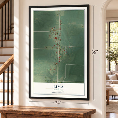 Lima, Illinois map, 24 x 36 inch print in a black frame by a staircase