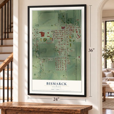 Bismarck, Illinois map, 24 x 36 inch print in a black frame by a staircase