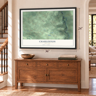 Charleston, New York map, 24 x 36 inch print in a black frame above a dresser by a staircase