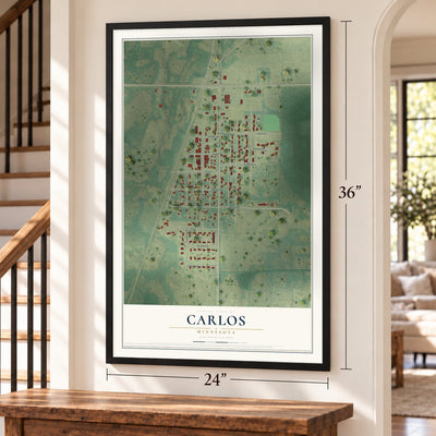 Carlos, Minnesota map, 24 x 36 inch print in a black frame by a staircase