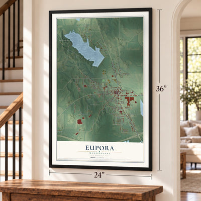 Eupora, Mississippi map, 24 x 36 inch print in a black frame by a staircase