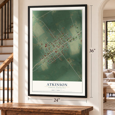 Atkinson, North Carolina map, 24 x 36 inch print in a black frame by a staircase