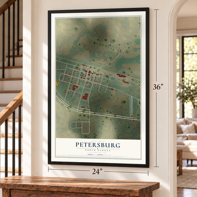 Petersburg, North Dakota map, 24 x 36 inch print in a black frame by a staircase