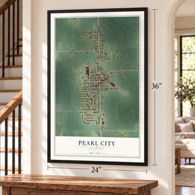 Pearl City, Illinois map, 24 x 36 inch print in a black frame by a staircase