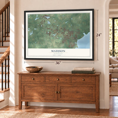 Madison, Mississippi map, 24 x 36 inch print in a black frame above a dresser by a staircase
