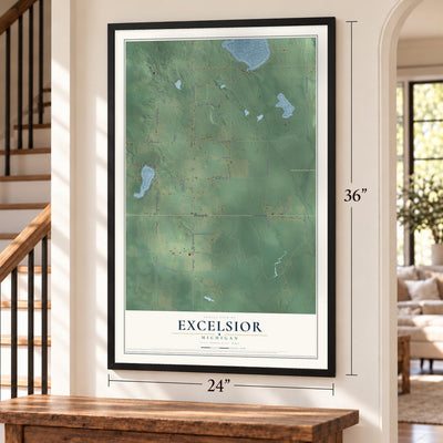 Excelsior, Michigan map, 24 x 36 inch print in a black frame by a staircase