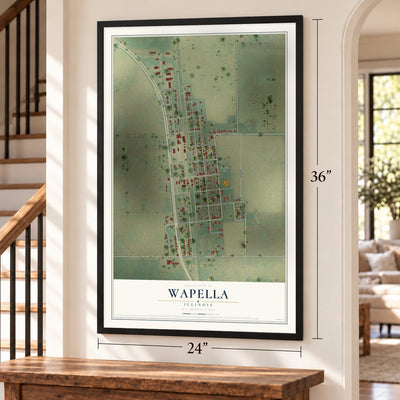 Wapella, Illinois map, 24 x 36 inch print in a black frame by a staircase