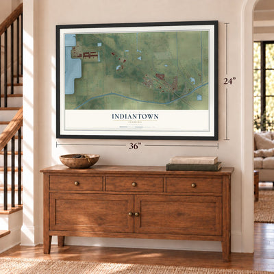 Indiantown, Florida map, 24 x 36 inch print in a black frame above a dresser by a staircase