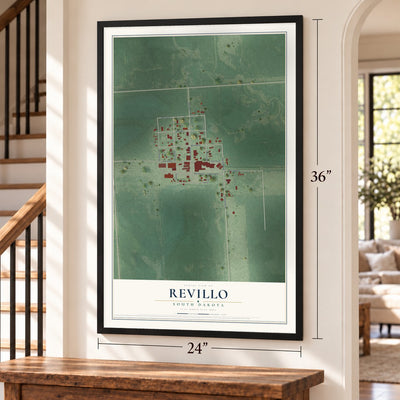 Revillo, South Dakota map, 24 x 36 inch print in a black frame by a staircase