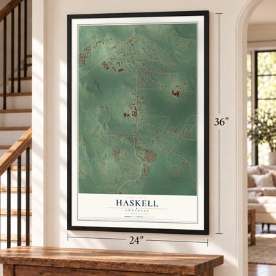 Haskell, Arkansas map, 24 x 36 inch print in a black frame by a staircase