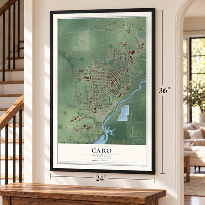 Caro, Michigan map, 24 x 36 inch print in a black frame by a staircase