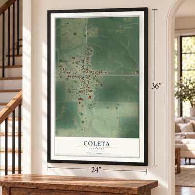 Coleta, Illinois map, 24 x 36 inch print in a black frame by a staircase